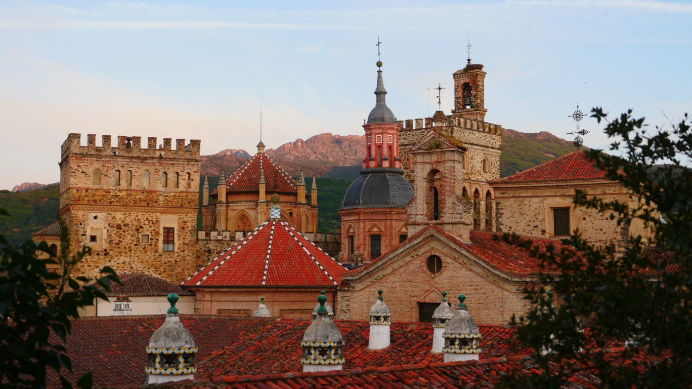 View of domes of the Basilica of Santa Maria de Guadalupe, Spain