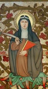 A colorful mosiac of St. Bridget of Sweden who holds a quill for writing and a notebook