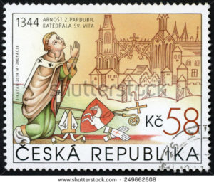 An image of a Czech postage stamp with an image of Ernest of Pardubice praying