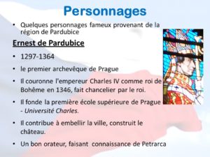A slide in the French language listing the accomplishments of Ernest of Pardubice