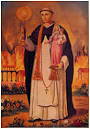 St Hyacinth with arms full exiting the church as the city of Kiev burns.