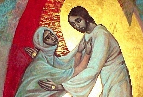 Contemporary color illustration of the Risen Christ embracing Mother Mary