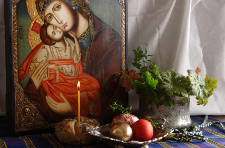 Icon of Mother and Child with traditional Easter bread, candle and Easter Eggs - Red, Gold and Engraved Easter Eggs