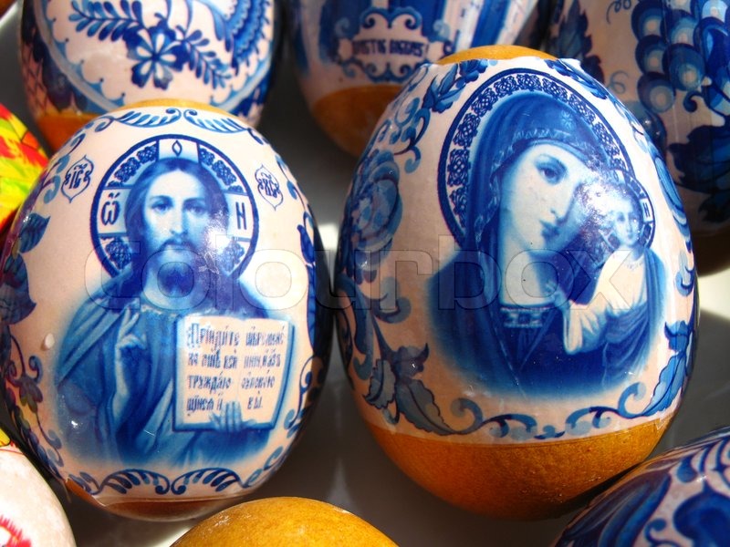 2 Easter Eggs with images of Jesus and the Bible and the 2nd of the Madonna with baby Jesus