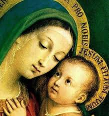Close up of Mother Mary affectionately holding close her baby Jesus