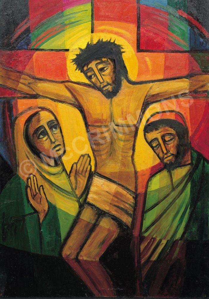 Modern color drawing of Jesus on the cross indicating to his Mother that the Apostle John, also the portrait is to care for her.