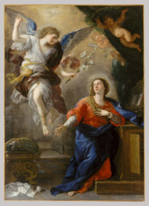 Traditional painting of the Archangel Gabriel above the Madonna