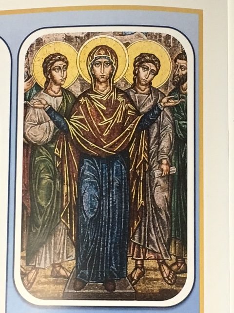 Close up of the Virgin Mary with the two Angels behind her in the mosaic mentioned.