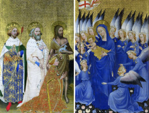 Richard II of England with his patron saint with Virgin and Child with Angels these pieces form a portable altarpiece. It was painted for King Richard II.