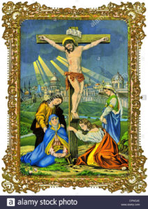 Modern painting of the Crucifixion with the Mary's under Jesus dying on the Cross