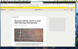 Screen shot of Notice of Lourdes Church in Syracuse NY closing