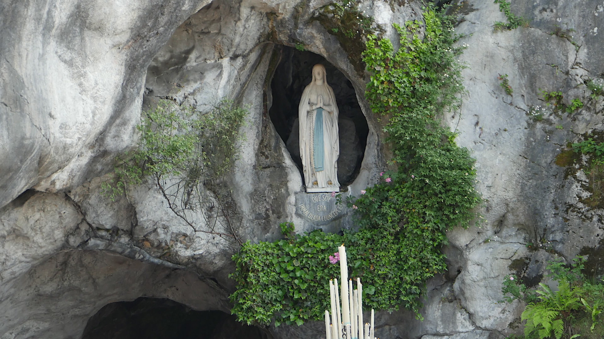 Close up of the Grotto, with the statue of the Virgin Mary. This is the spot where Bernadette and the Virgin met.