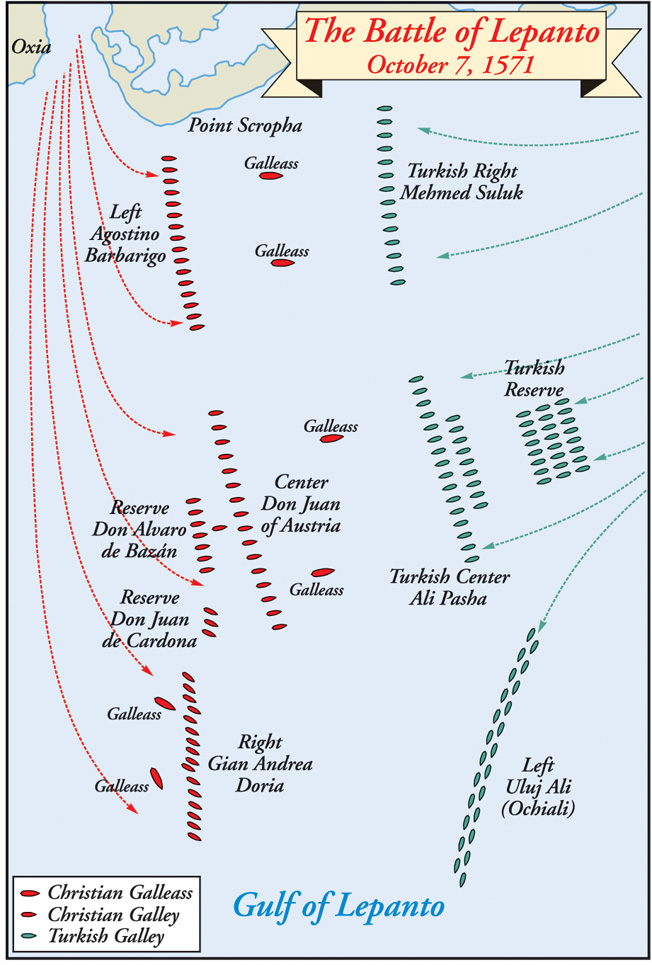 llustration of the task forces preparing to engage one another in the Battle of Lepanto in 1571