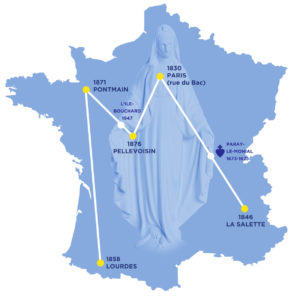 Map of The route the young bikers are taking from apparition site to apparition site in France...