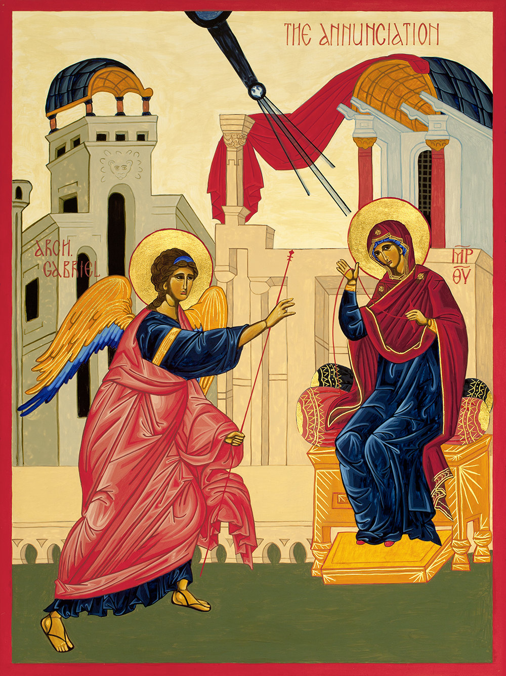 Modern Icon of the Annunciation. The Virgin Mary has the yarn in both hands.