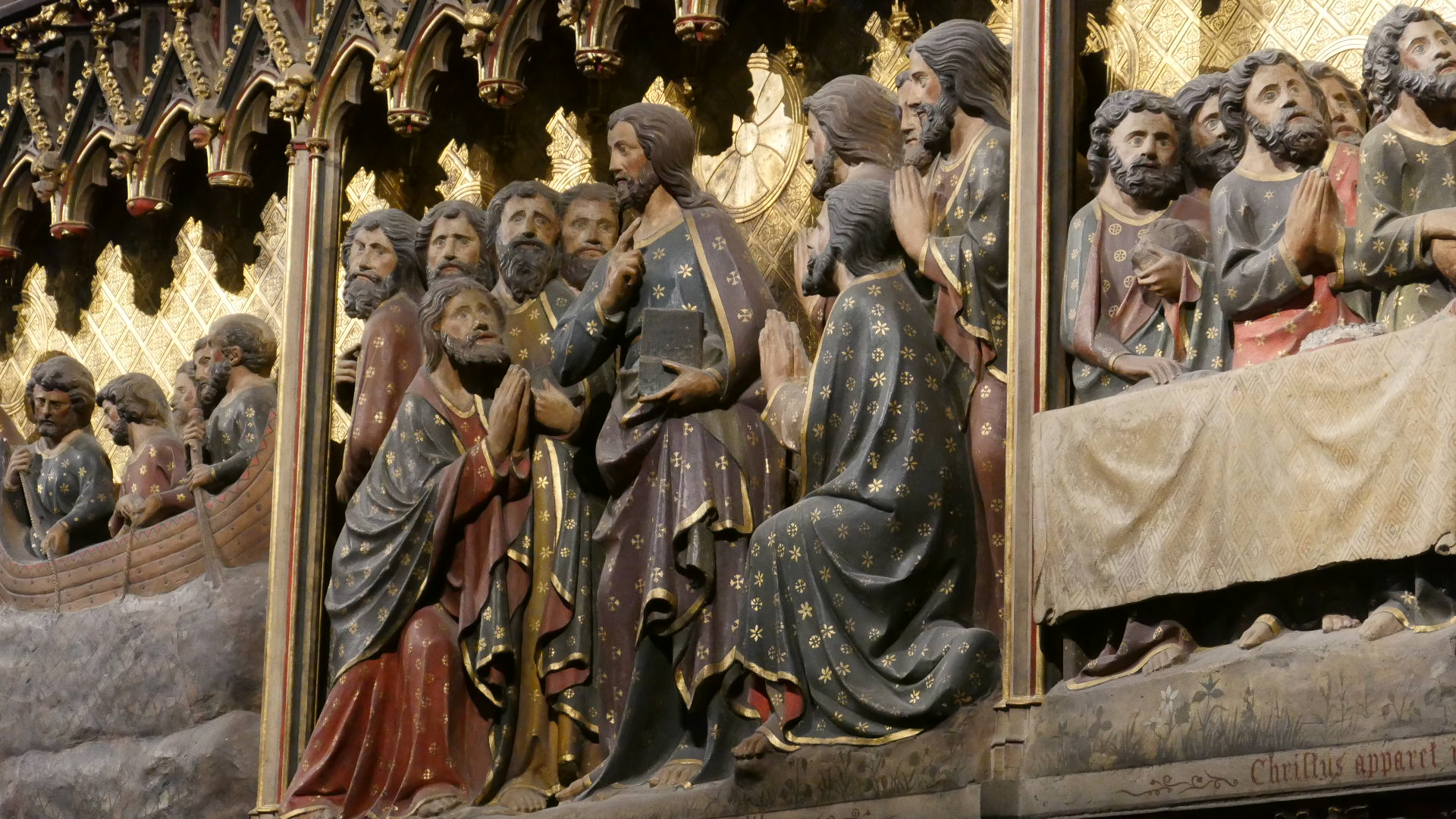 Photo of Close up view of a scene in the Life of Jesus on one of the 2 giant wooden carvings