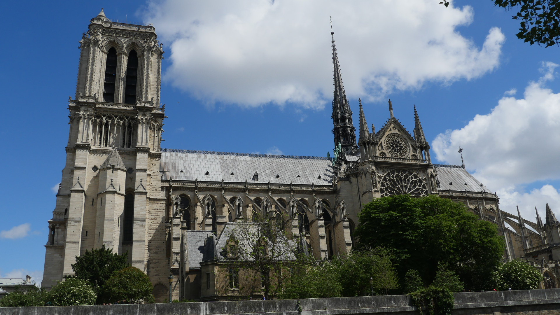 Wide shot of Notre-Dame Cathedral (from West POV) photo taken 5/17 (destroyed steeple & roof area)