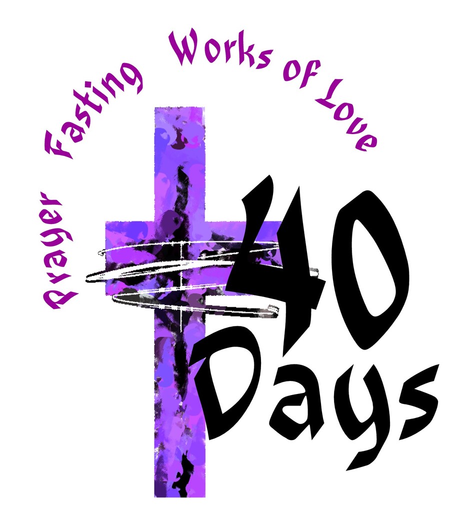 Graphic of cross with text that says Prayer, Fasting, Works of Love and 40 days over a purple cross