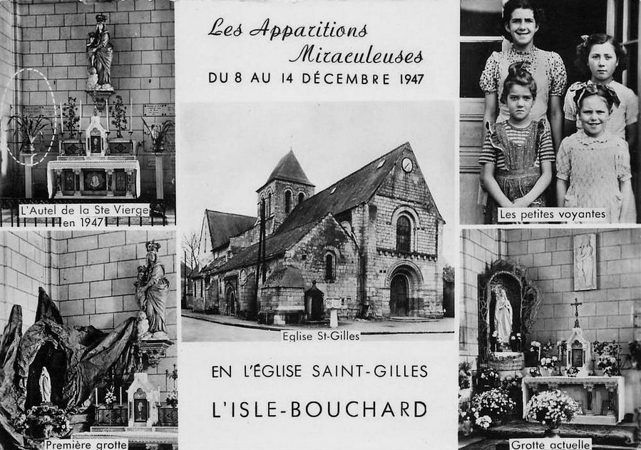 Black and White Postcard of key points in the apparition story of L'Ile-Bouchard