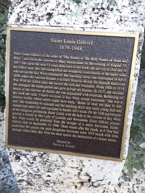 A close up of the plaque of Plaque of Sister Louis Gabriel memorial found near Mallory Square in Key West.