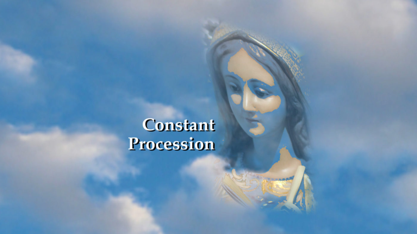 Image of the Virgin Mary with podcast title 'Constant Procession'