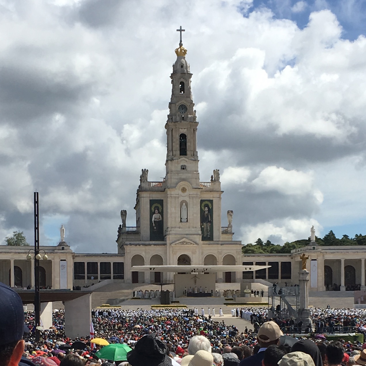 The Basilica of Our Lady of the Rosary at Fatima. This photograph shows it along with some of the 1 million pilgrims in attendance on May 13, 2017