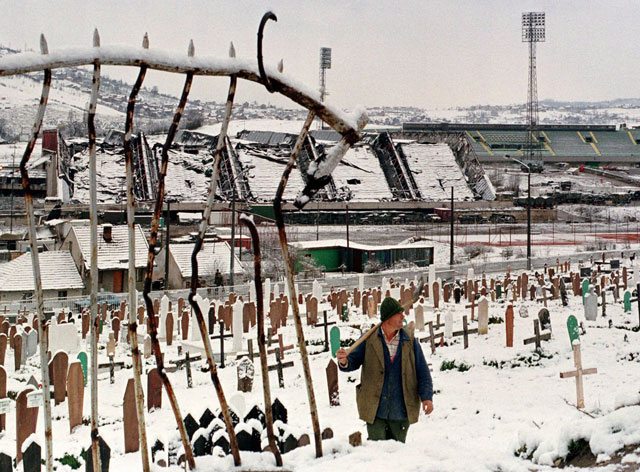Photo of war torn Olympic stadium in Sarajevo.