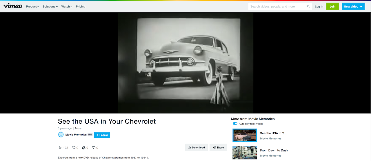 Movie Memories vimeo of See the USA in Your Chevrolet