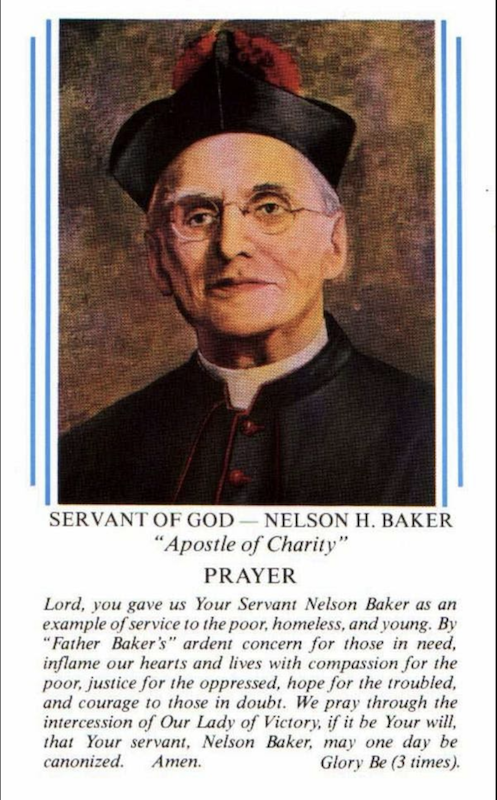 Illustration of Venerable Nelson H. Baker and a prayer for him to become a saint