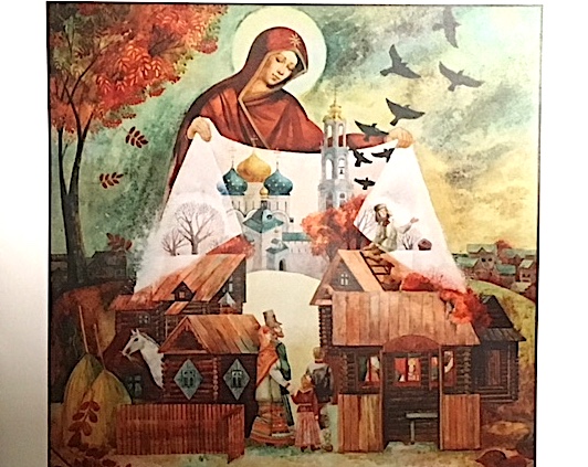 Colorful print of The Virgin Mary covering a Ukrainian Village with her protective veil