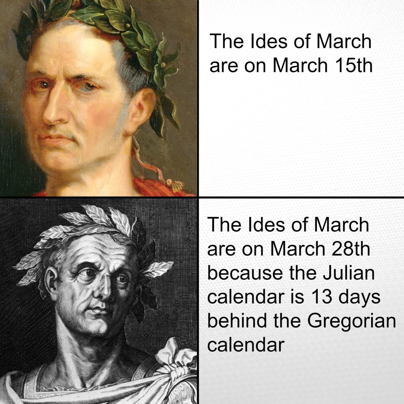 Ides of March with 2 photo of Julius Caesar and difference in the date between Julian and Gregorian calendars