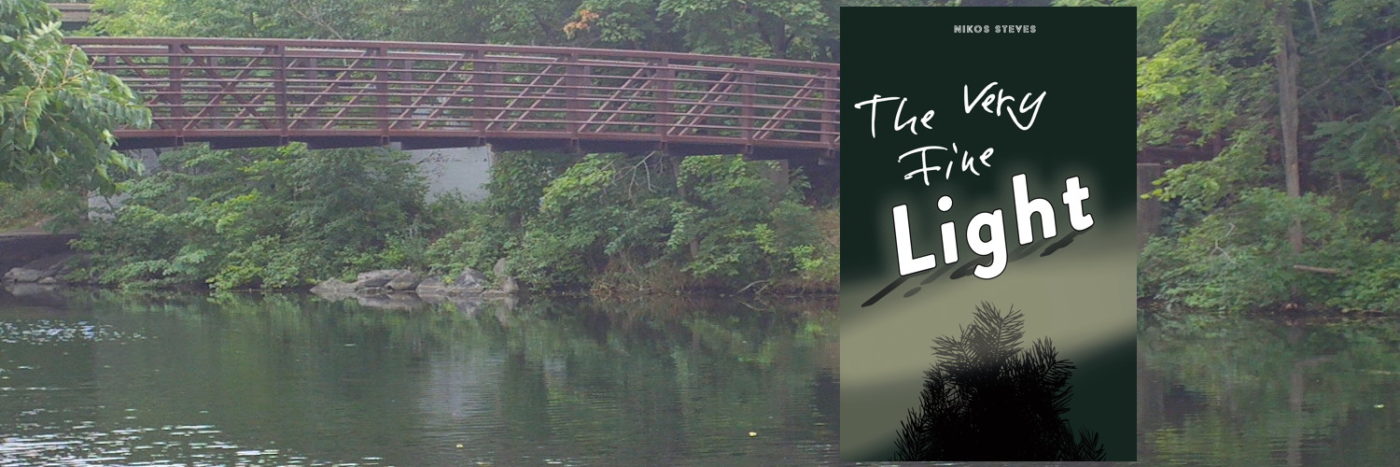 A bridge over Canalville's river and the cover for the book "The Very Fine Light"