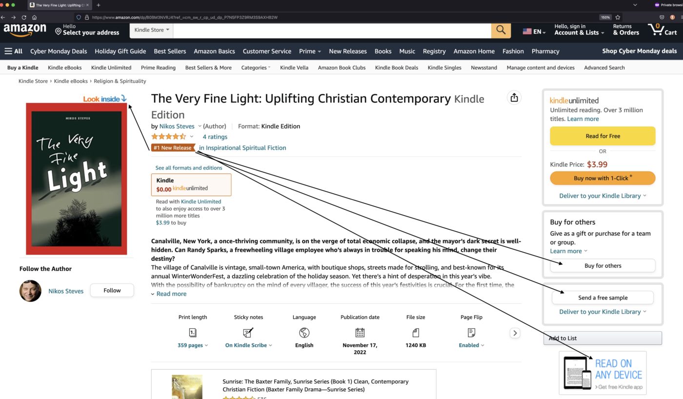 Image of my book "The Very Fine Light" and its page on Amazon.com Arrows show where you can send a sample for free