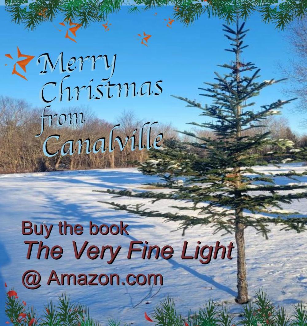 A colorful postcard of an evergreen tree in a snow covered field with a forest of trees without leaves and a blue sky. It is a Christmas Card with the words Merry Christmas from Canalville written across the sky and the words Buy the book the very fine light at amazon.com written in the snow.