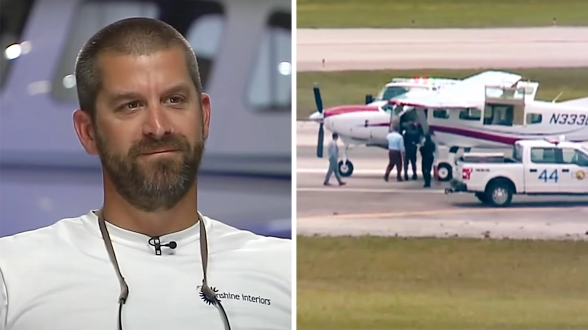 Two photos side by side. Darrel Harrison is on the left and the plane he landed is on the right.