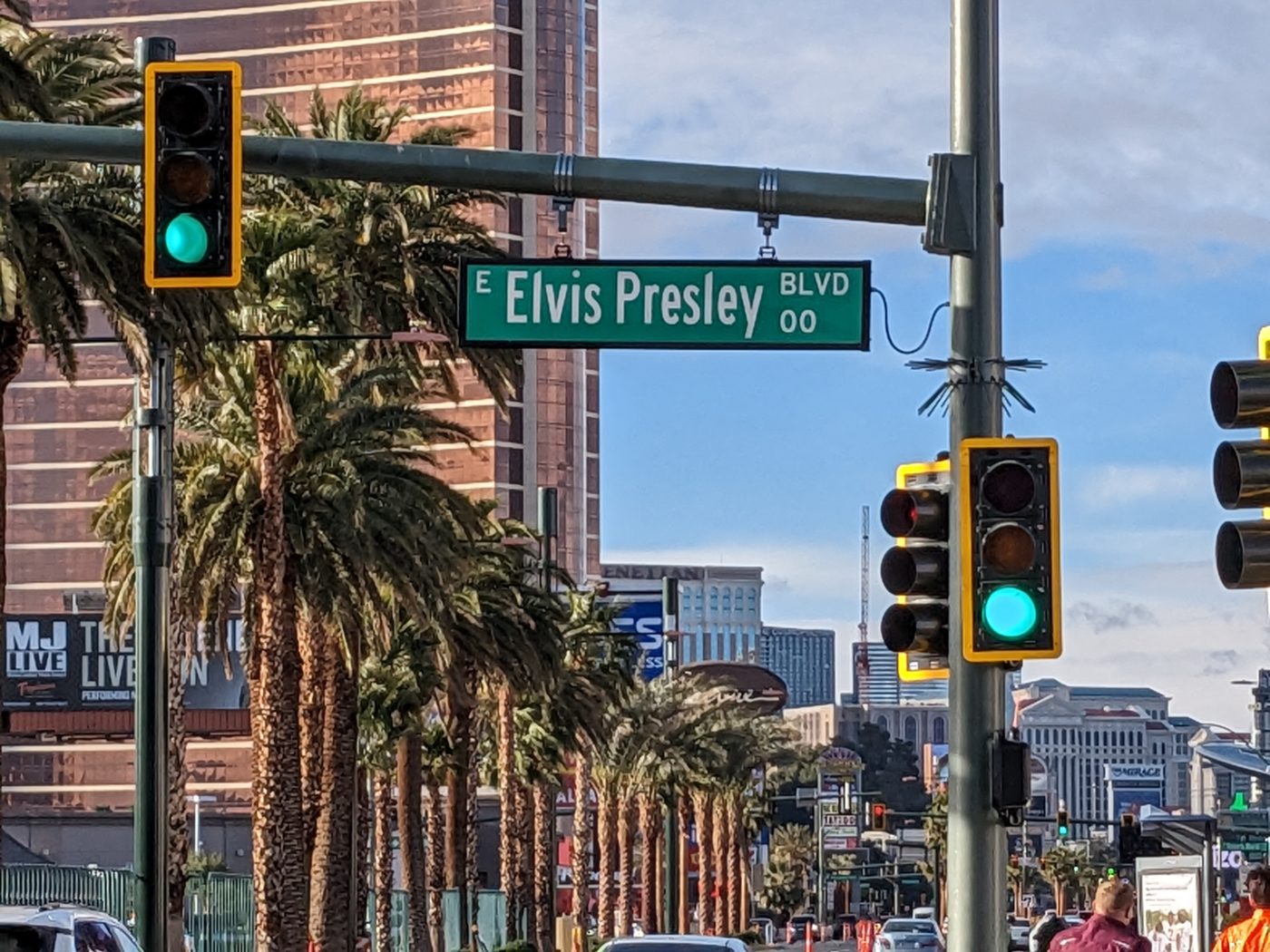 Photo of Las Vegas Boulevard taken in February 2023 that includes a close up of the street sign for Elvis Presley Boulevard.