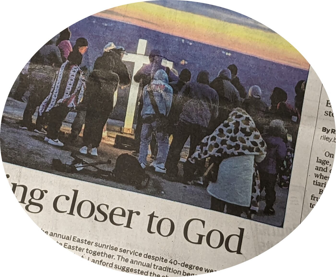 Atlanta Journal & Constitution front page photo of a sunrise service in Atlanta, Georgia, USA taken on Sunday, April 9, 2023