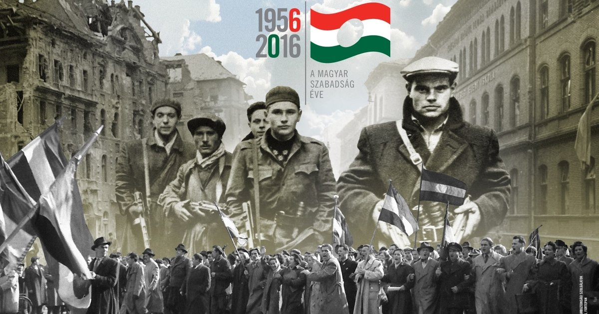 Infographic of street protesters in Hungary in 1956. With text commemorating the 60 years anniversary of the unprising from 1956 to 2016