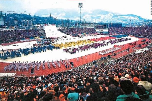 Photo of opening ceremony for 1984 Winter games at Olympic Stadium in Sarajevo.