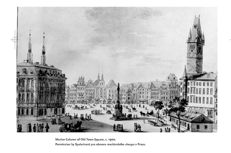 A pen and ink illustration of the Marian Column in Prague's Old Town Square in 1900- image is from deepdyve.com