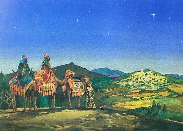 Colorful Christmas card of the 3 wisemen on their camels on a hilltop viewing the north star and below it the city of Bethlehem.