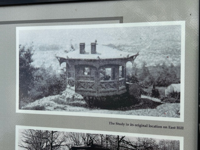 Black and white photo showing the Mark Twain study. This photo and the actual study are found at the Center for Mark Twain Studies at Elmira College. The study was built for him by his brother and sister-in-law built in 1874.