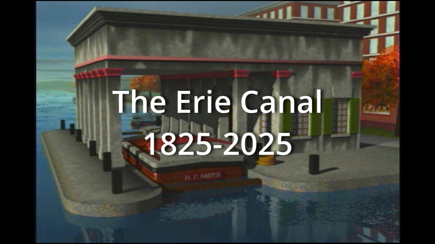 Title slide for the documentary that says The Erie Canal. 1825 to 2025 The letters are white and the background is an colorful illustration of a weight lock building from the eighteen hundreds.