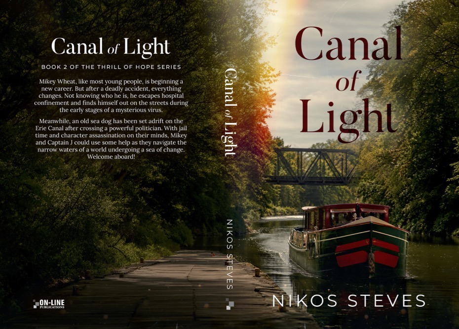 he cover is made up of real images a red and green houseboat cruising along the Erie Canal with a rusty railroad bridge above it. The title "Canal of Light" is in brown lettering above the canalboat and the author's name "Nikos Steves" is below. On the back is information about the story.