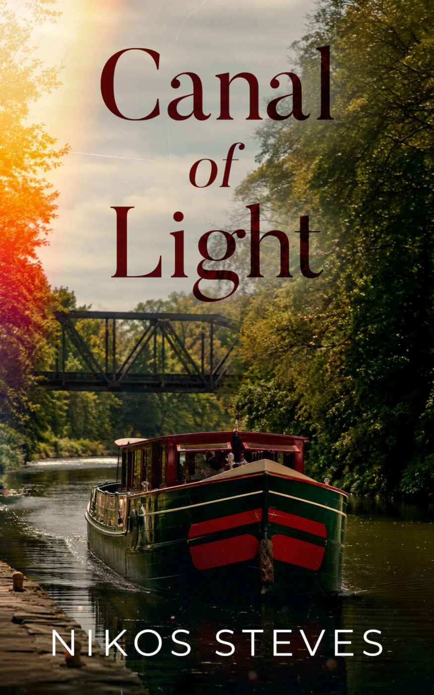 The cover is made up of real images a red and green houseboat cruising along the Erie Canal with a rusty railroad bridge above it. The title "Canal of Light" is in brown lettering above the canalboat and the author's name "Nikos Steves" is below.
